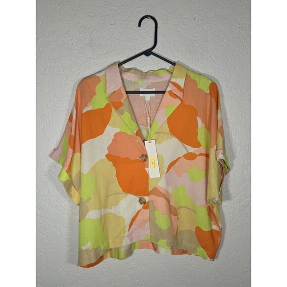 Womens Macys Every Floral Button Down Linen Top Size XL Short Sleeve Cropped - Picture 1 of 5